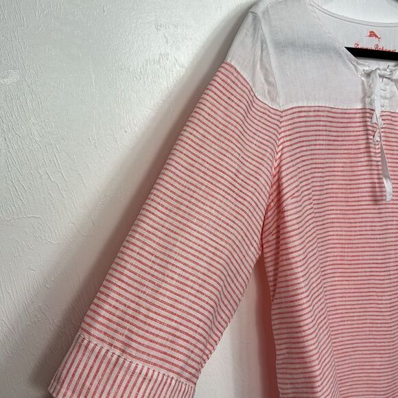 Tommy Bahama Crystalline Waters Lace-Up Linen Top Pink Striped Size XL - Picture 4 of 9